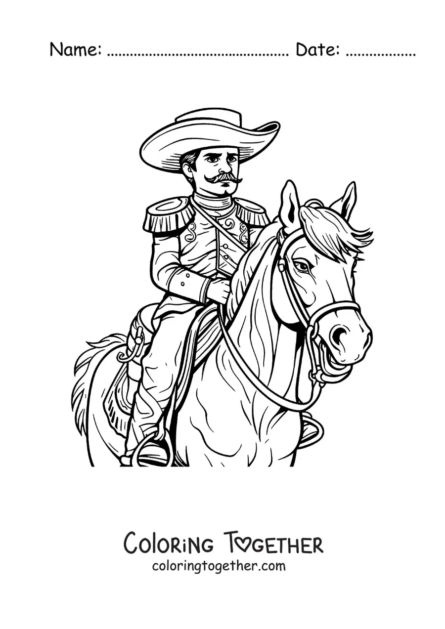 Coloring page of Emiliano Zapata on his horse in the Mexican Revolution