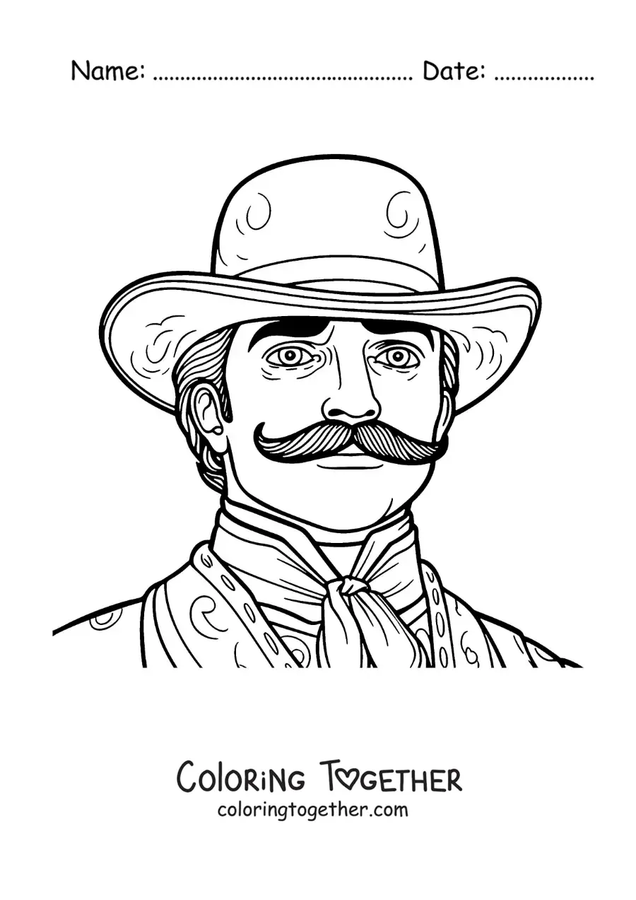 Coloring page of cartoon Emiliano Zapata with a hat
