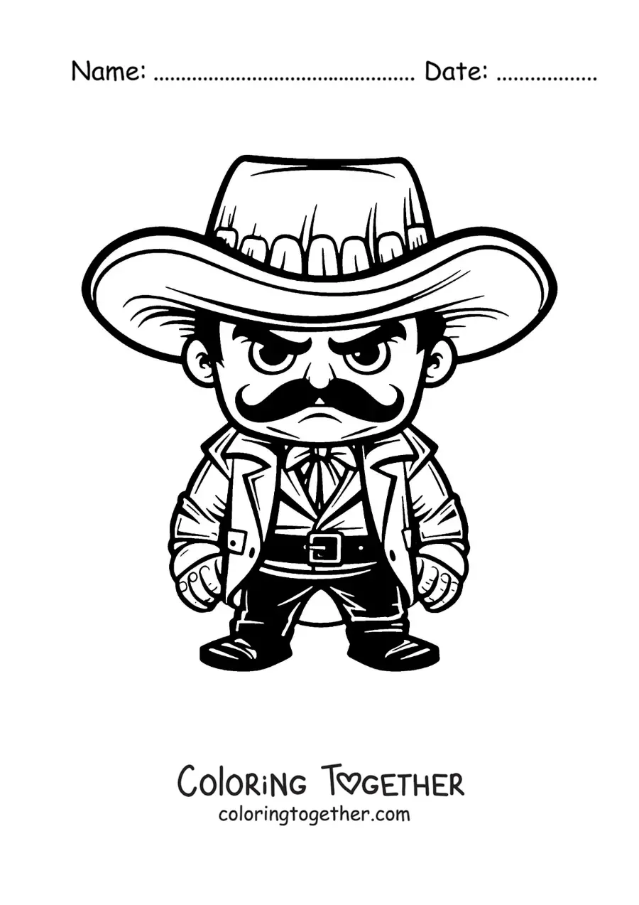 Coloring page of an Emiliano Zapata cartoon