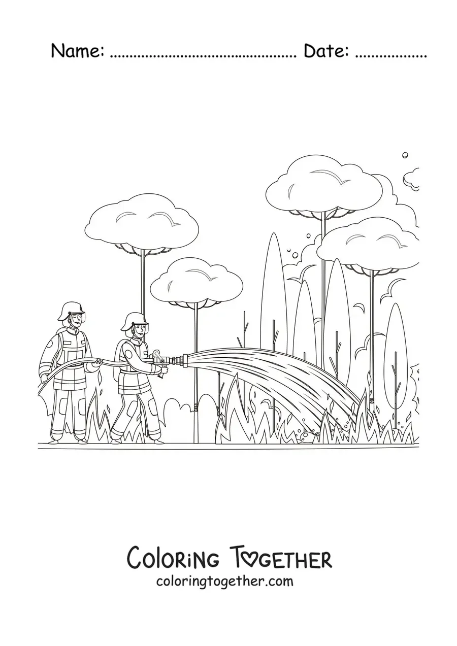 Coloring page of two firefighters putting out a forest fire