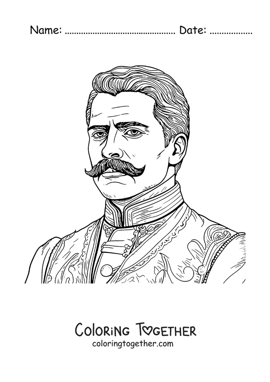 Coloring page of a cartoon portrait of Emiliano Zapata