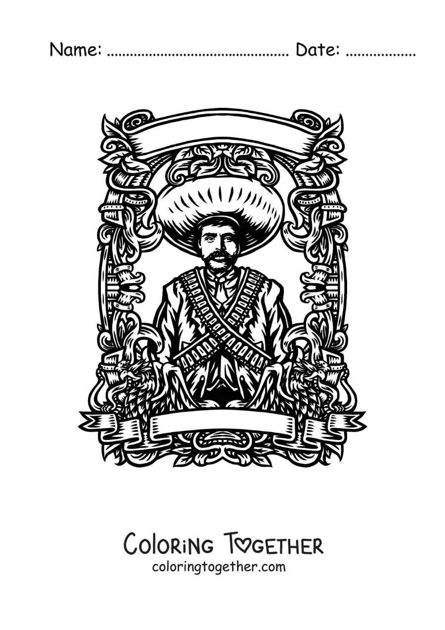 Coloring page of Emiliano Zapata in the Mexican Revolution