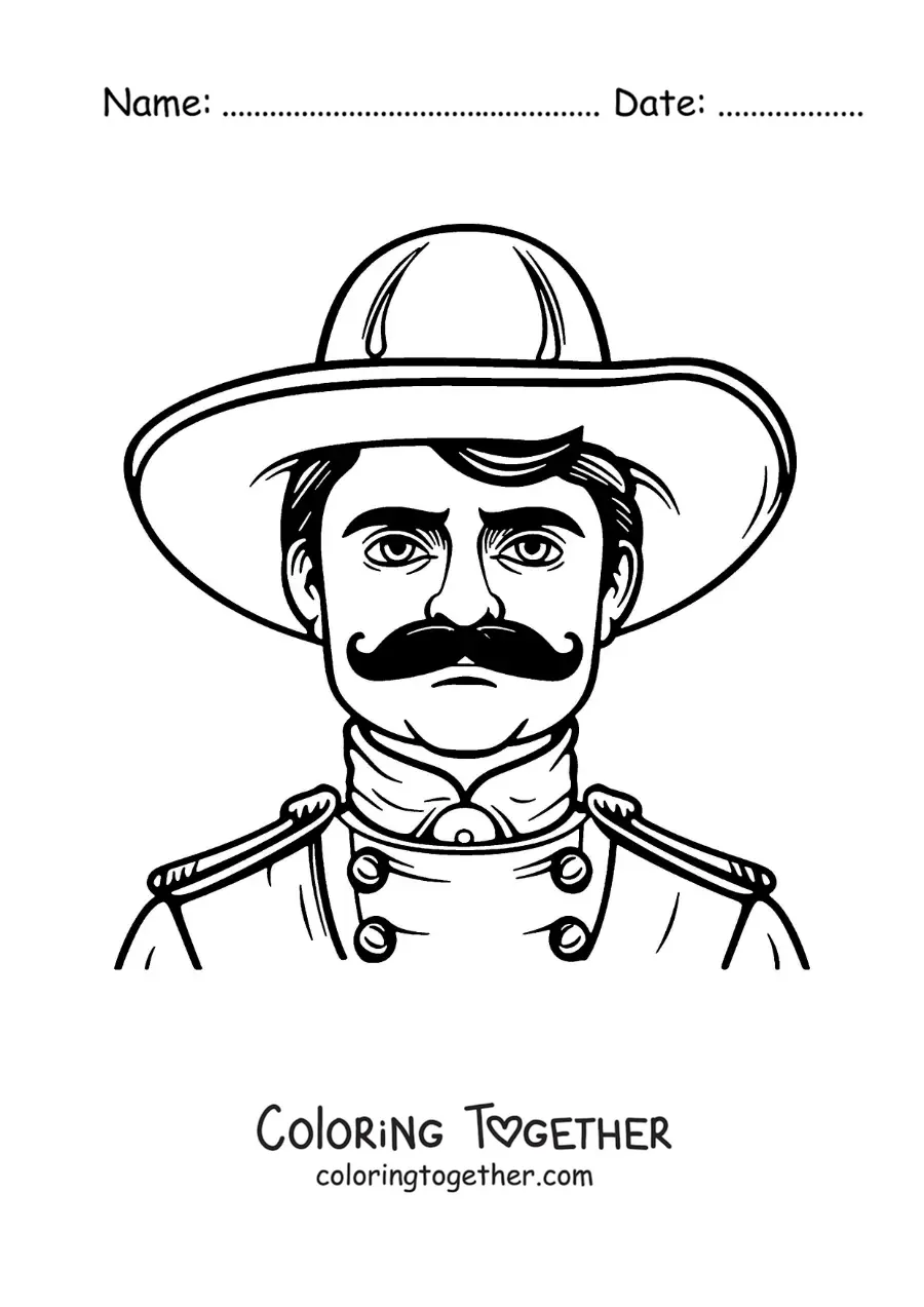 Coloring page of Emiliano Zapata with a Mexican hat
