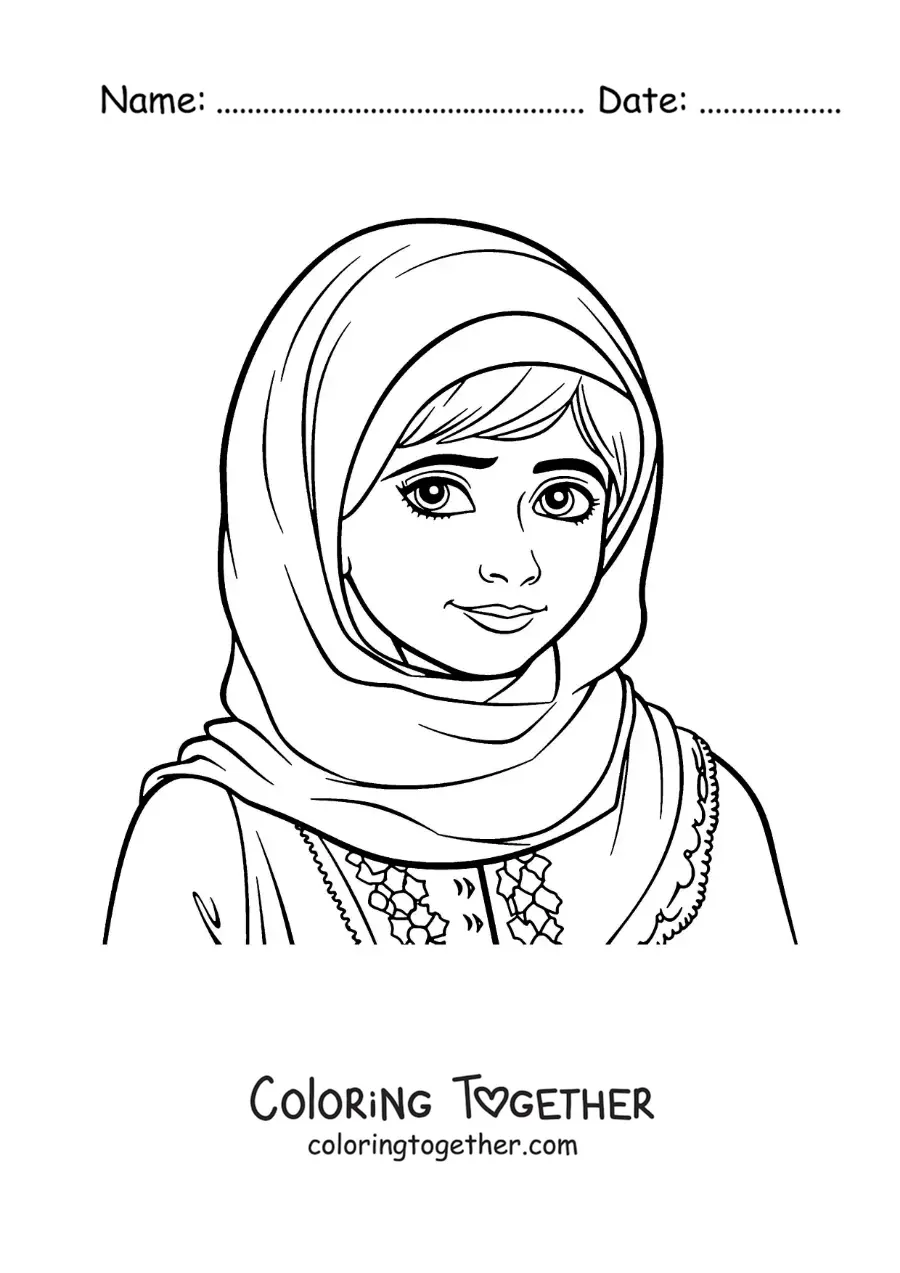 Coloring page of a Malala Yousafzai cartoon