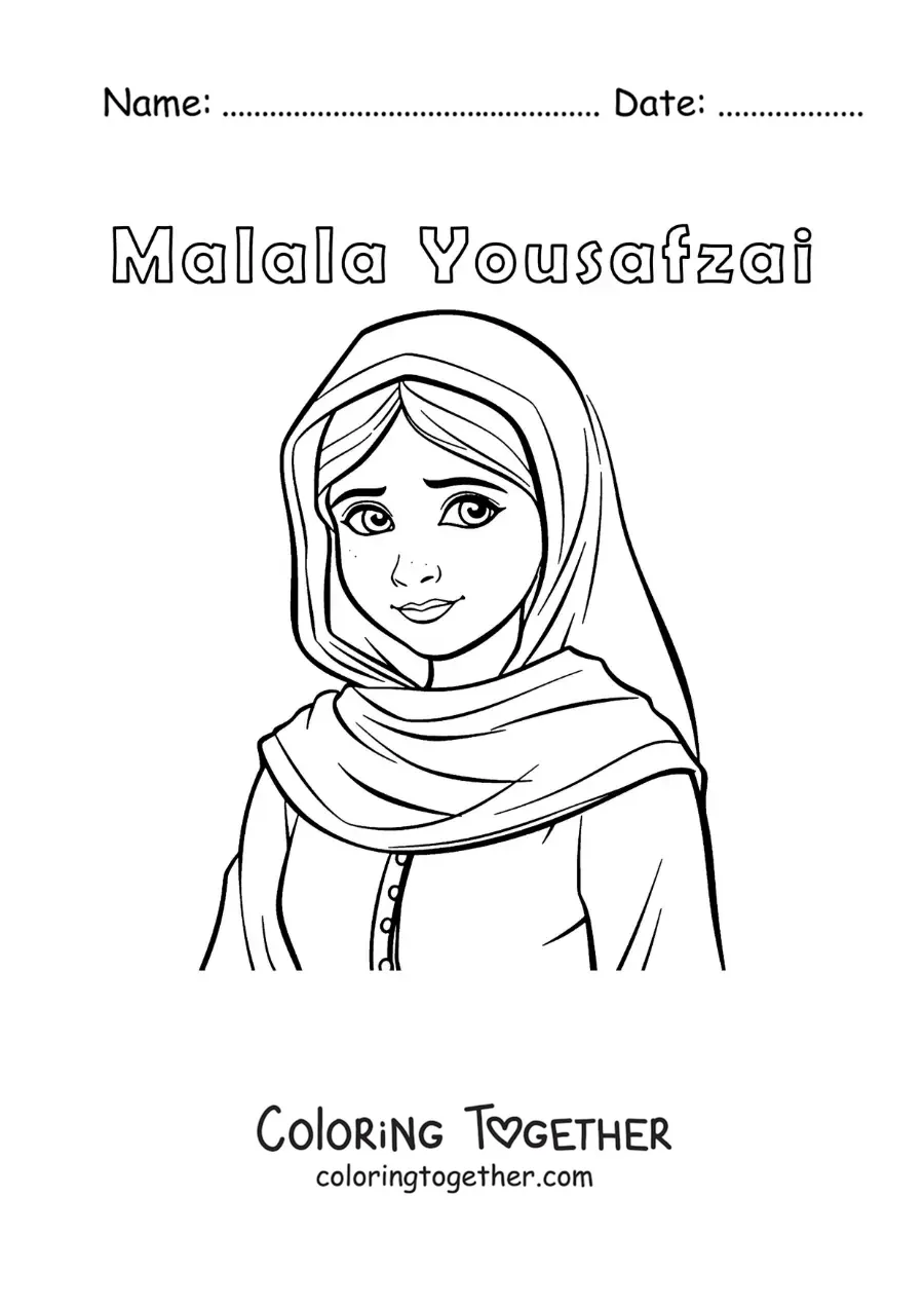 Coloring page of cartoon Malala Yousafzai for kids
