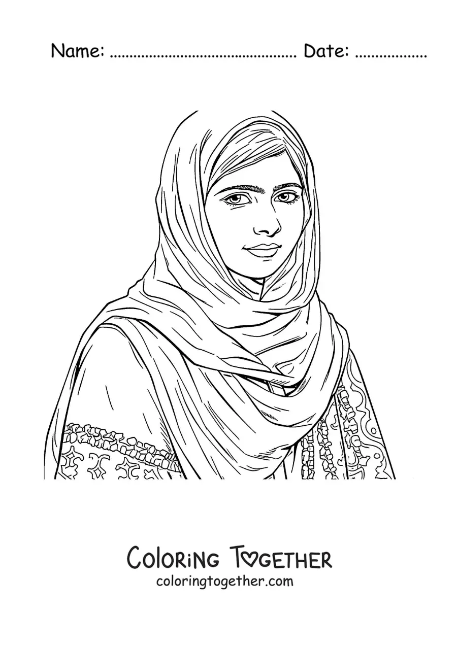 Coloring page of a realistic portrait of Malala Yousafzai