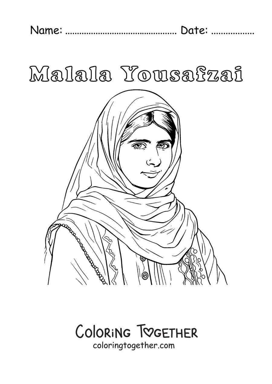 Coloring page of a portrait of Malala Yousafzai with her name