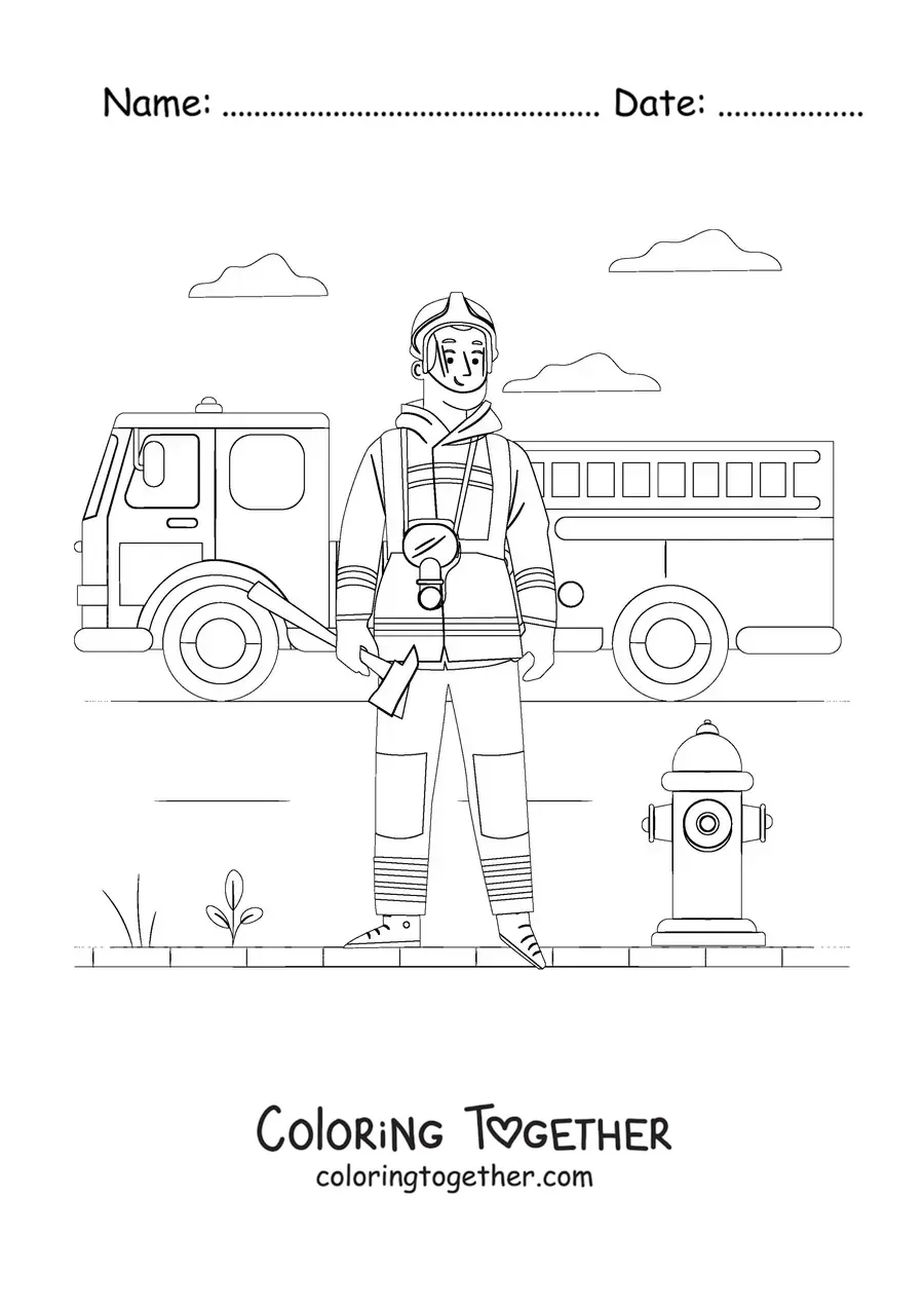 Coloring page of a uniformed firefighter in front of a fire truck