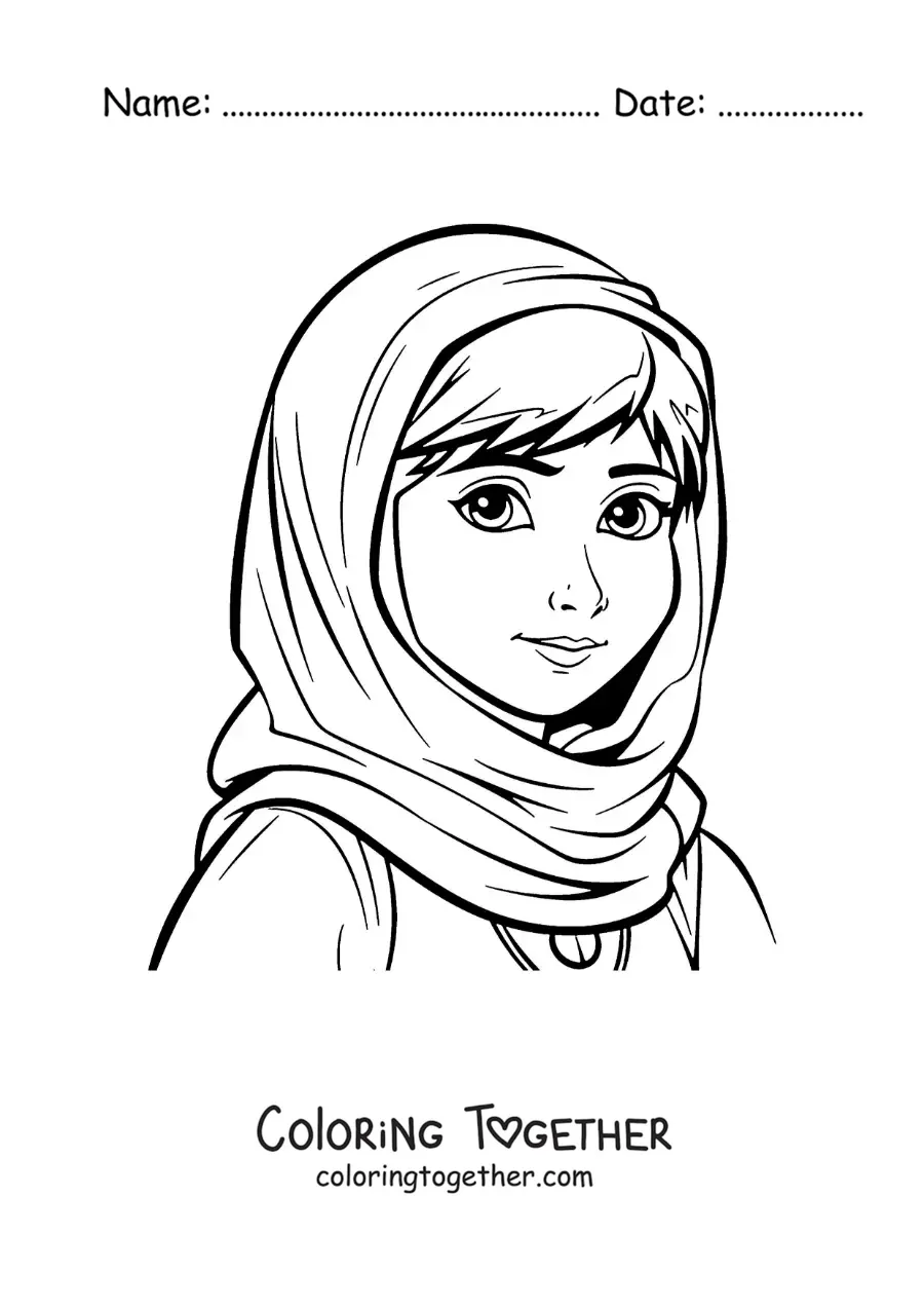 Coloring page of Malala Yousafzai cartoon in anime style