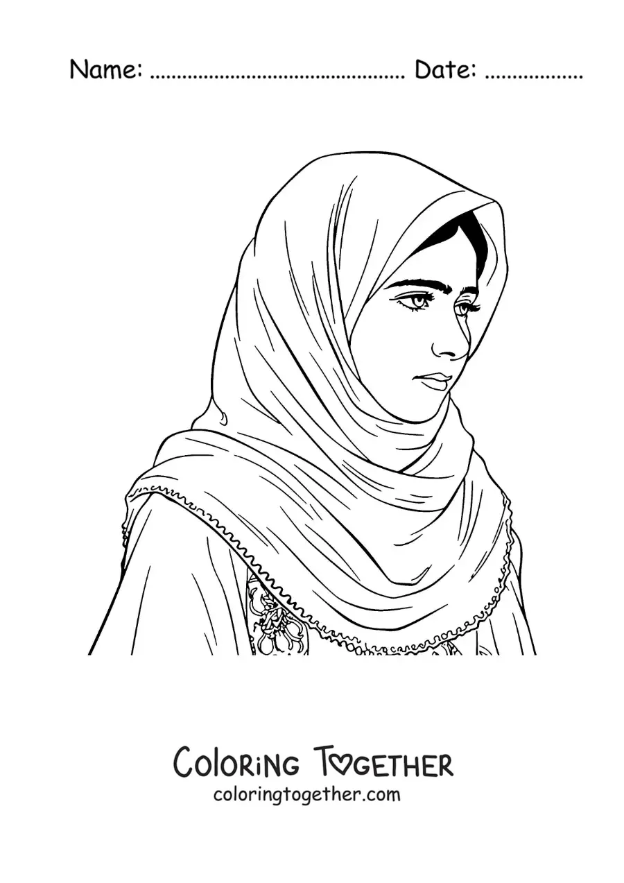 Coloring page of an easy portrait of Malala Yousafzai