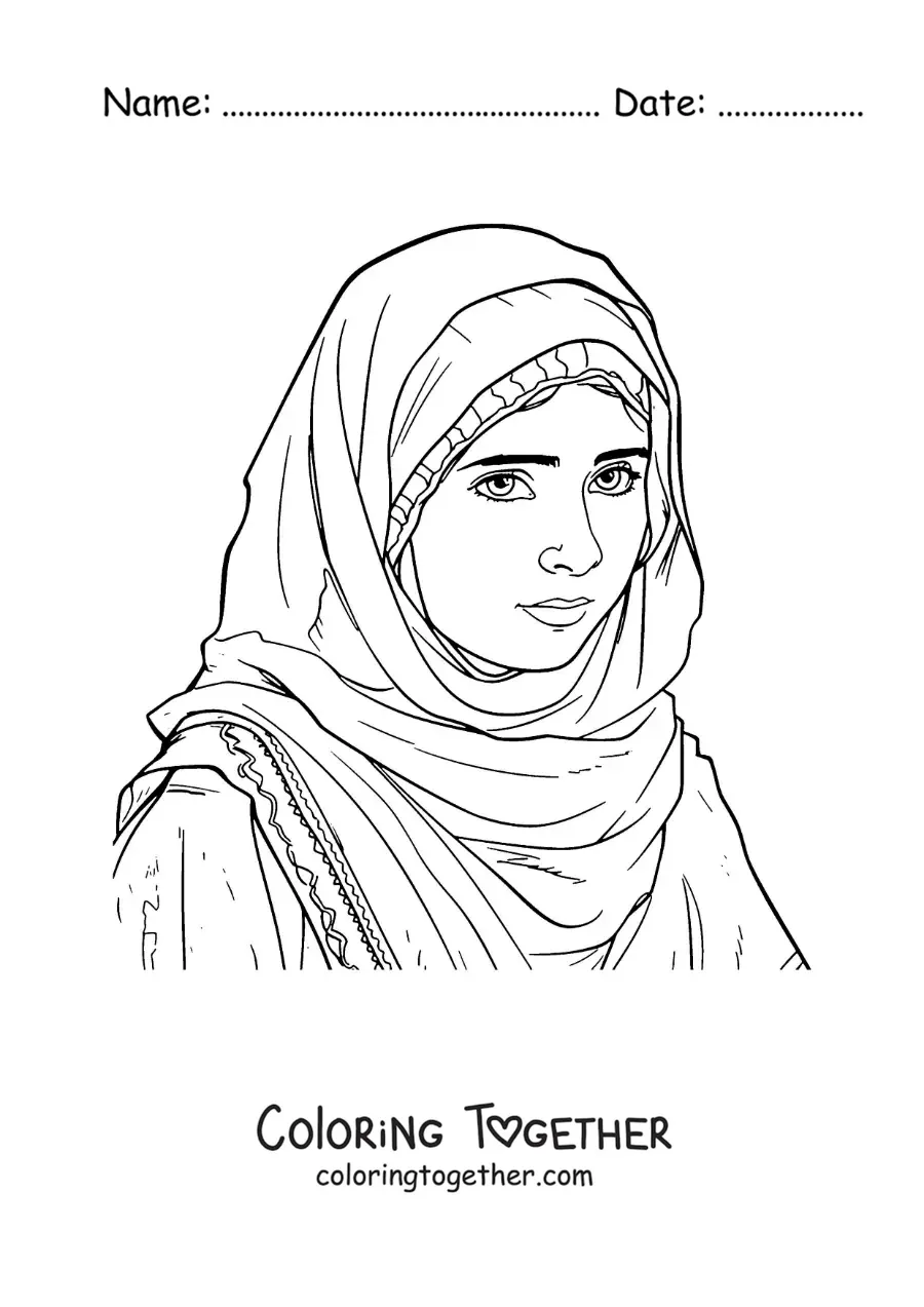 Coloring page of a portrait of Malala, the Nobel Prize winner