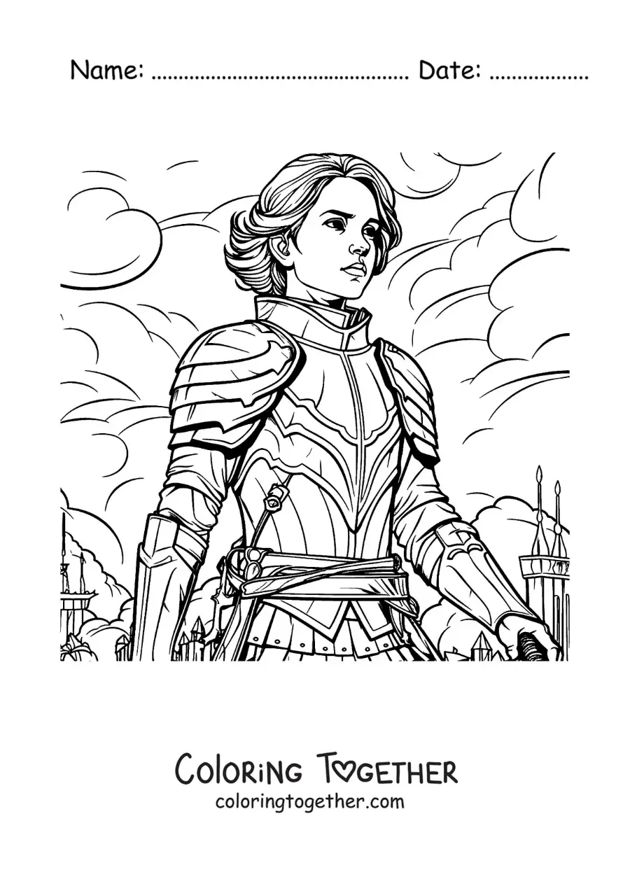 Coloring page of cartoon Joan of Arc in comic style in a battle