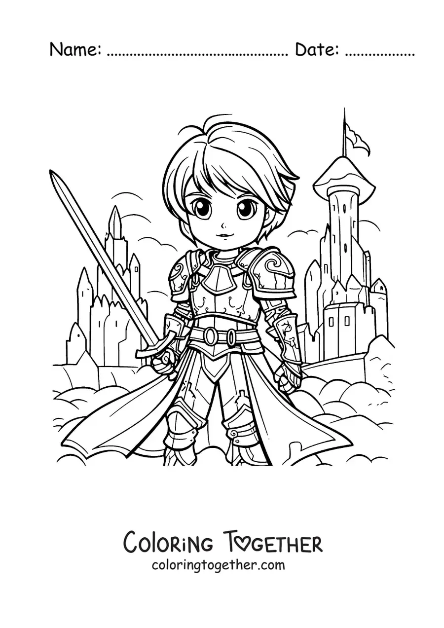Coloring page of cartoon Joan of Arc in anime style in a battle