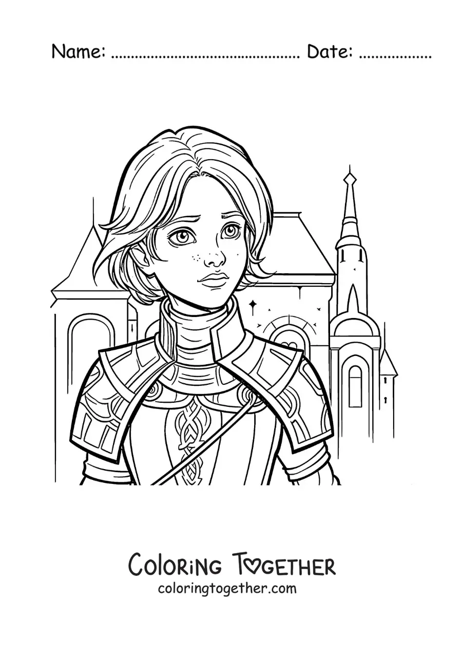 Coloring page of cartoon Joan of Arc in comic style in a battle