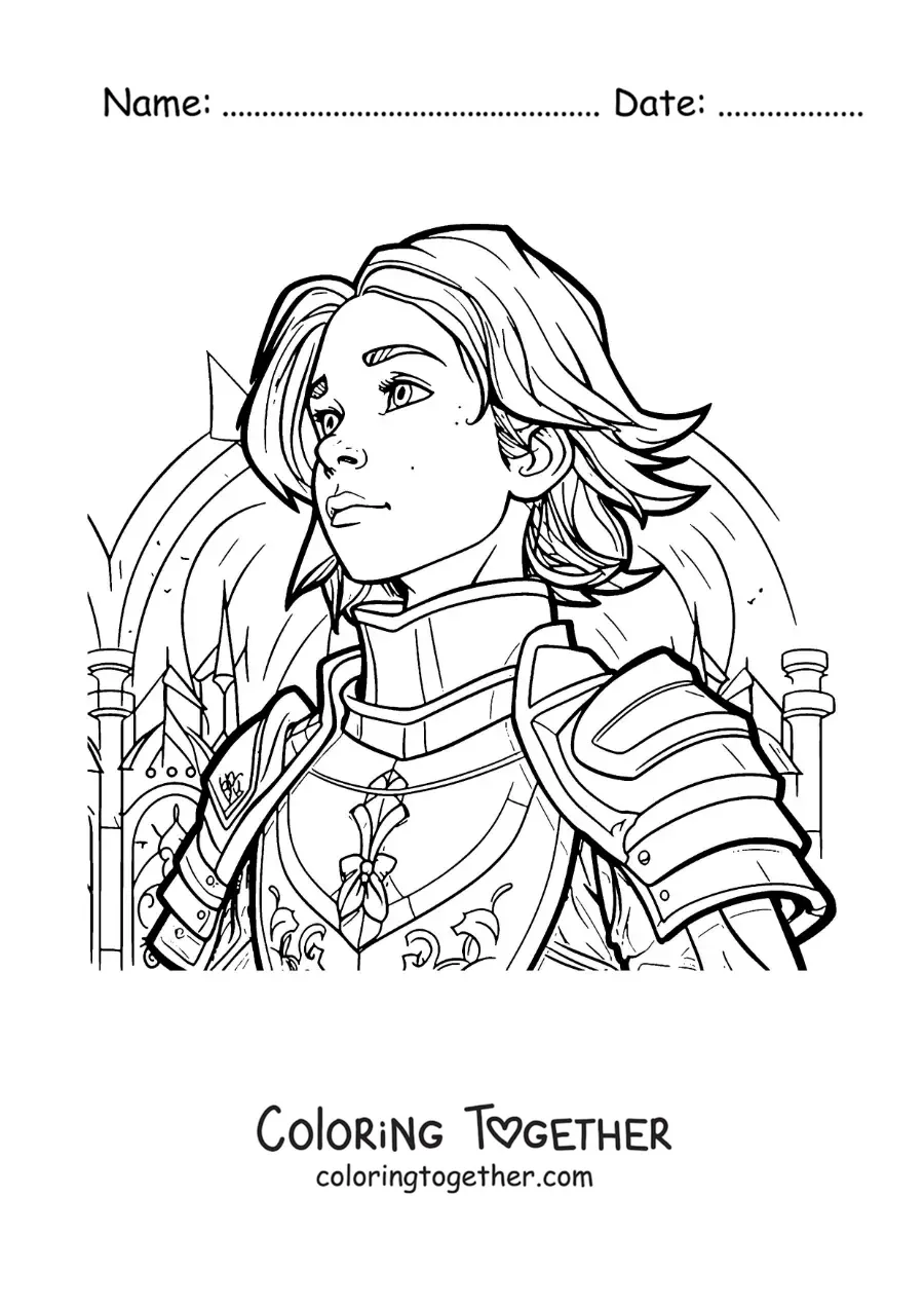 Coloring page of cartoon Joan of Arc wearing her armor