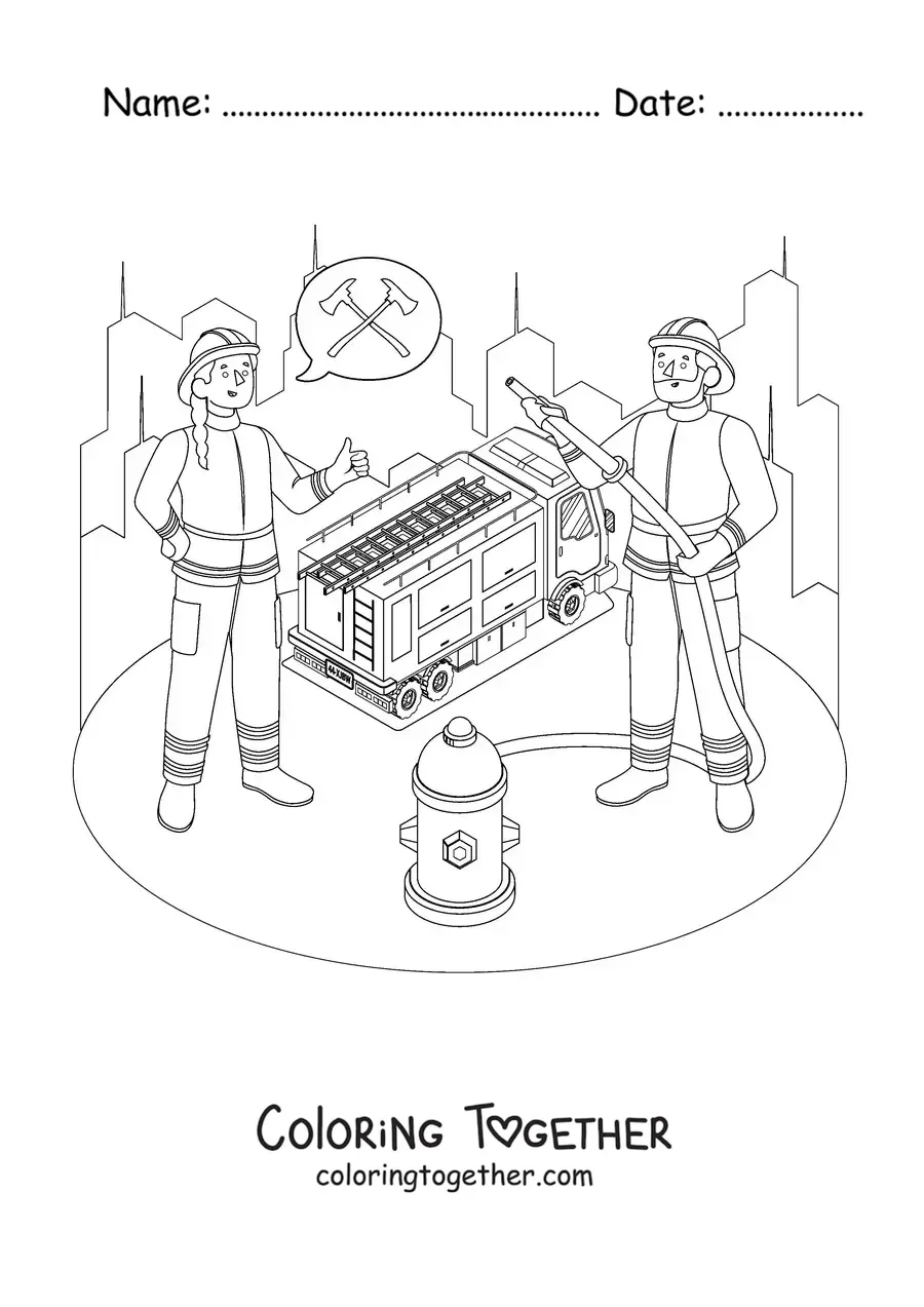 Coloring page of two firefighters and a fire truck