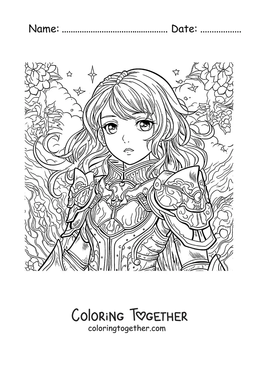 Coloring page of cartoon Saint Joan of Arc in anime style