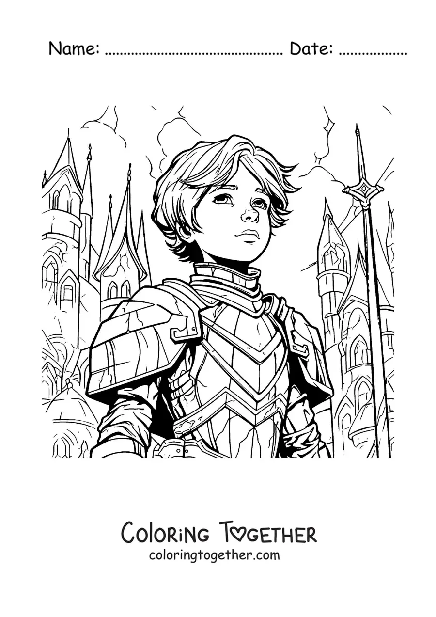 Coloring page of cartoon Saint Joan of Arc in comic style in a battle