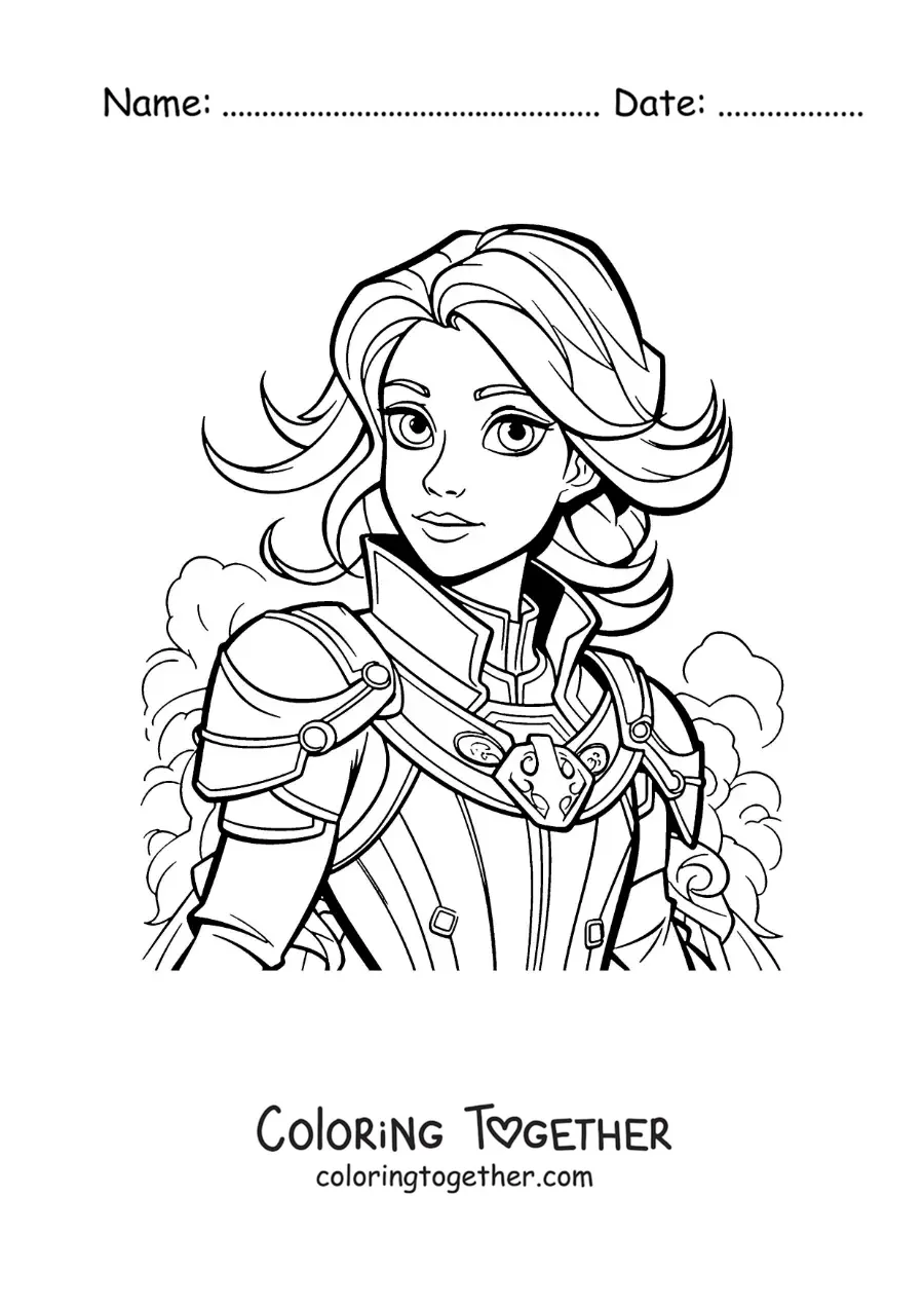 Coloring page of a children's cartoon of Joan of Arc