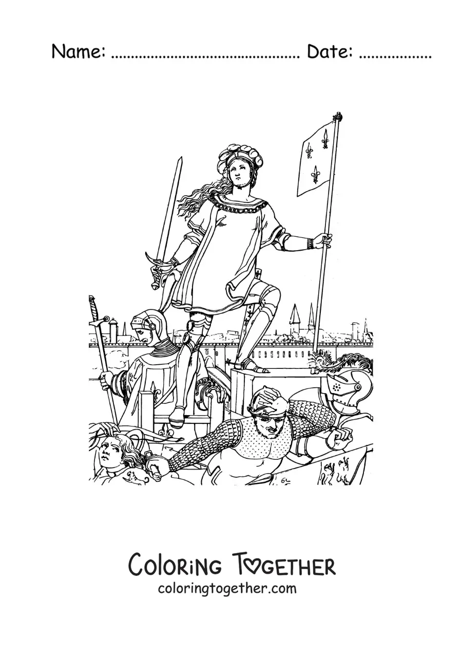 Coloring page of Saint Joan of Arc in a battle
