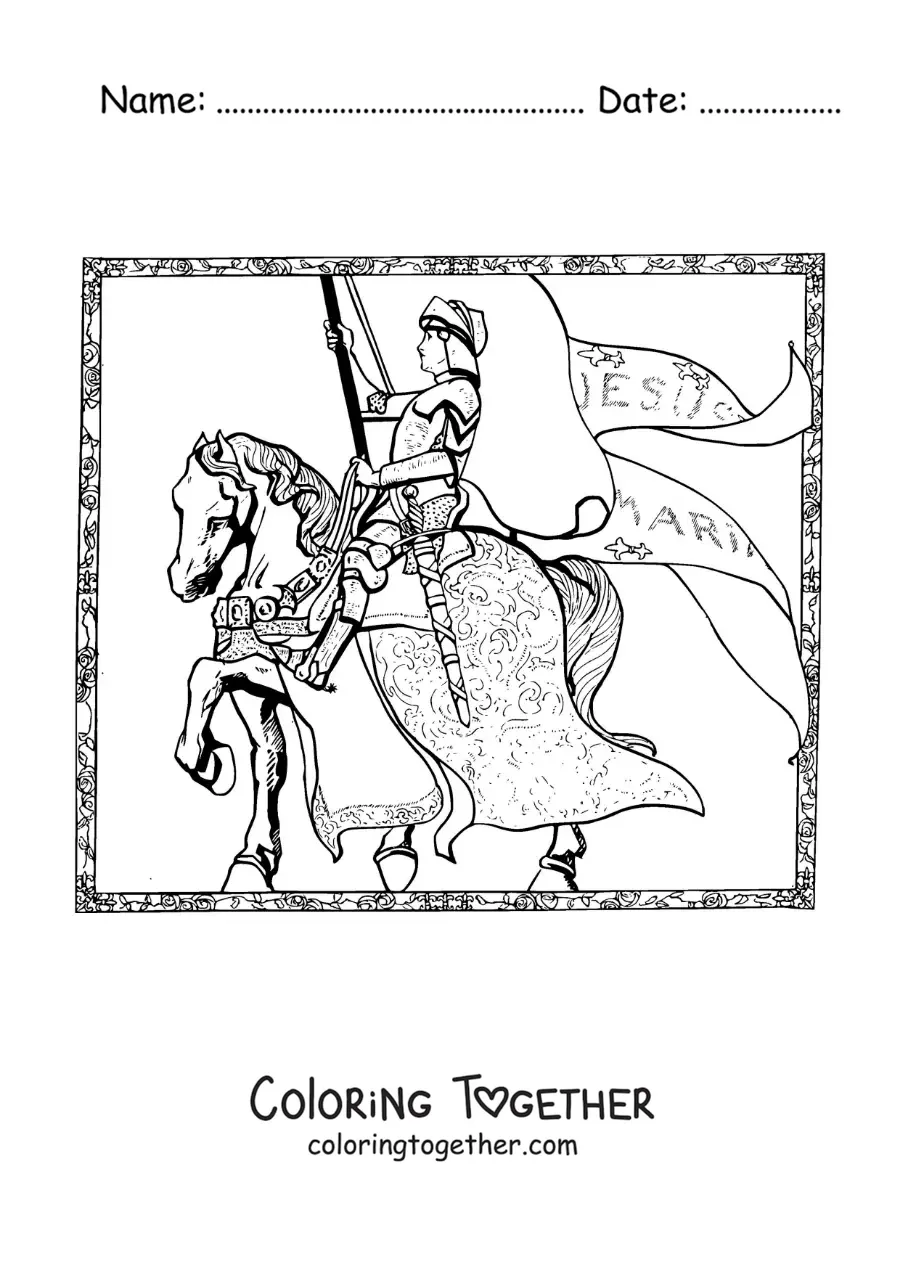 Coloring page of Joan of Arc on her horse