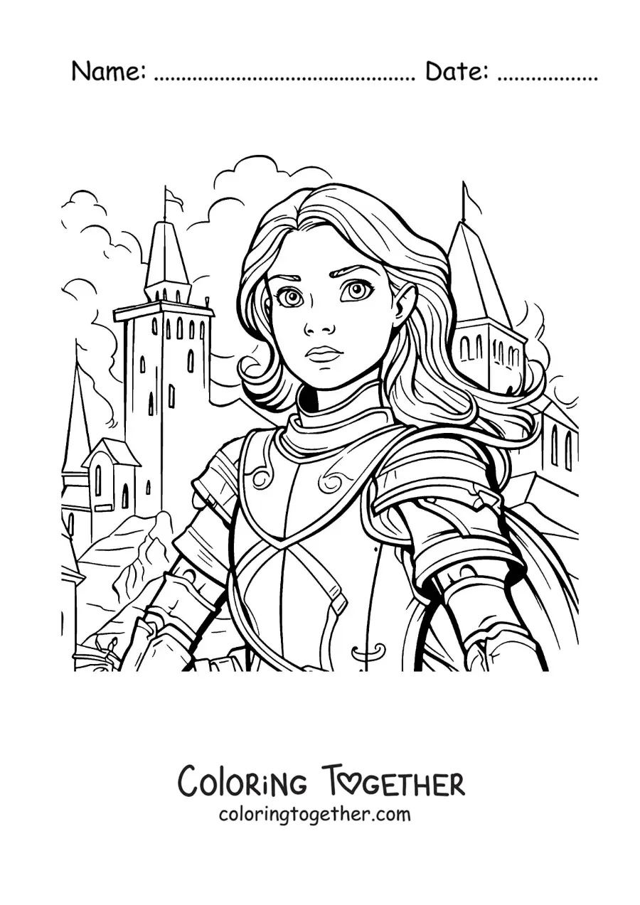 Coloring page of Joan of Arc wearing her armor