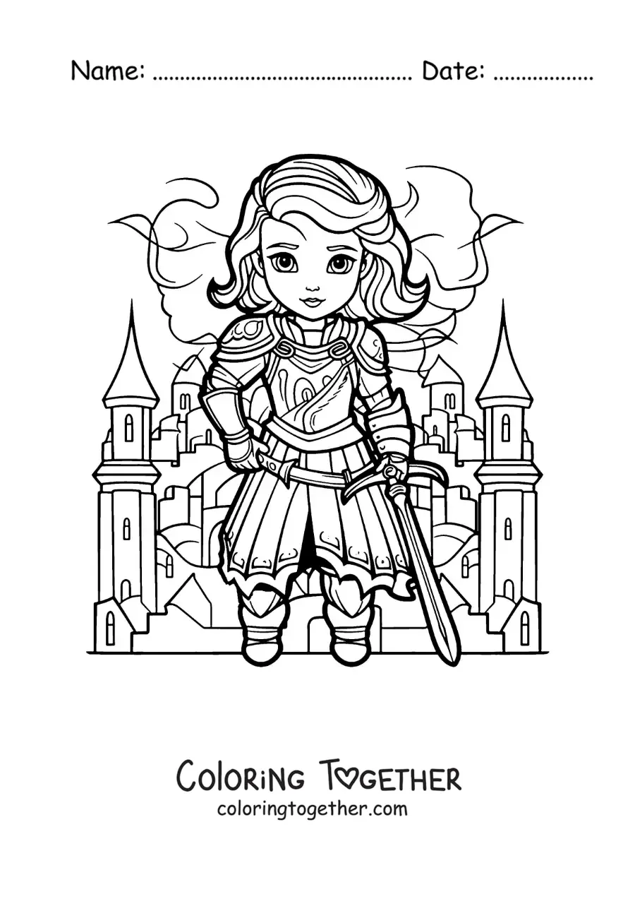 Coloring page of kawaii Joan of Arc with her sword in a battle