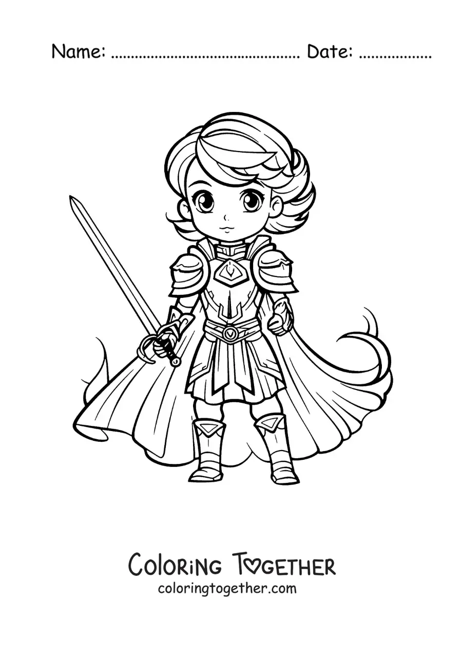Coloring page of kawaii Joan of Arc with her sword