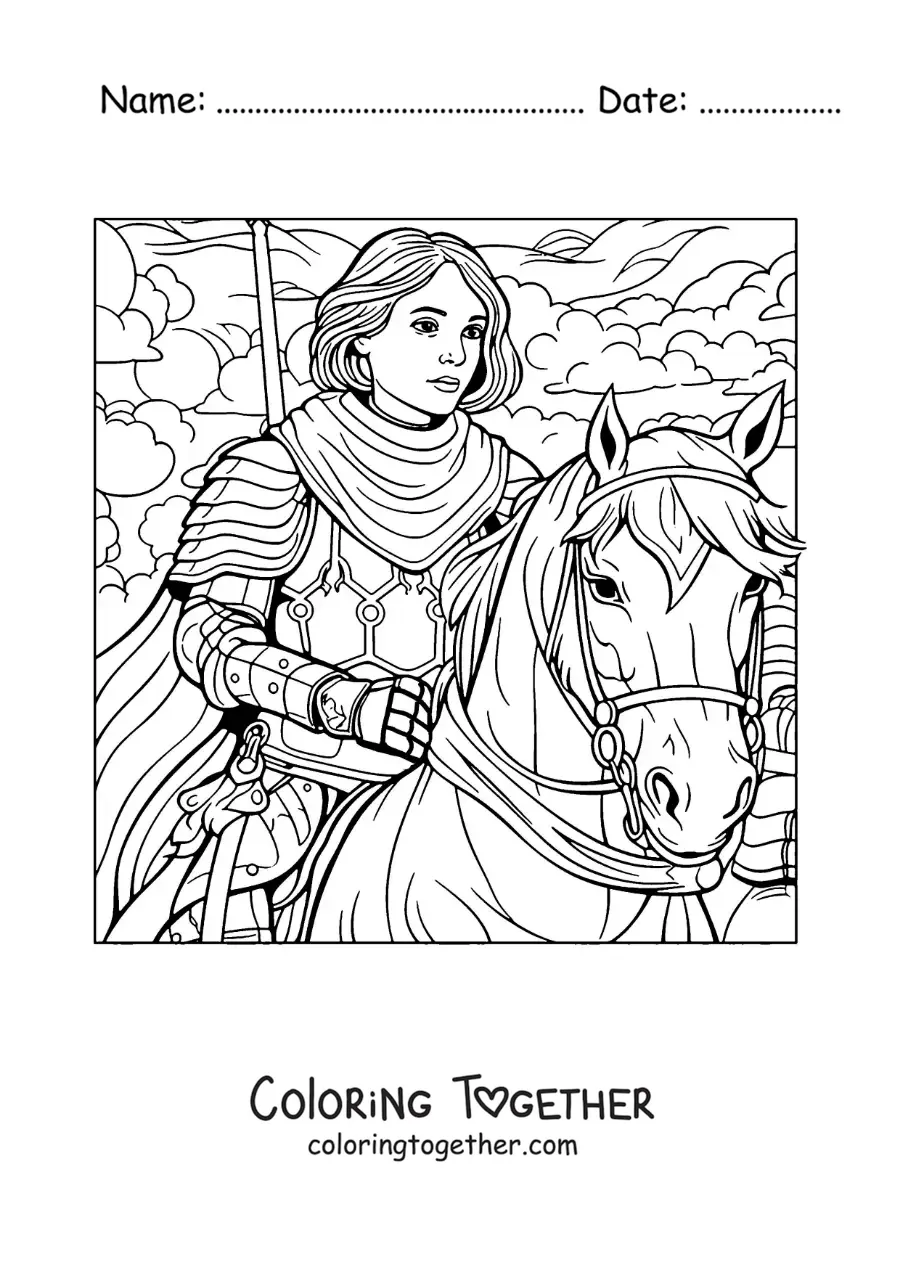 Coloring page of cartoon Joan of Arc with her horse