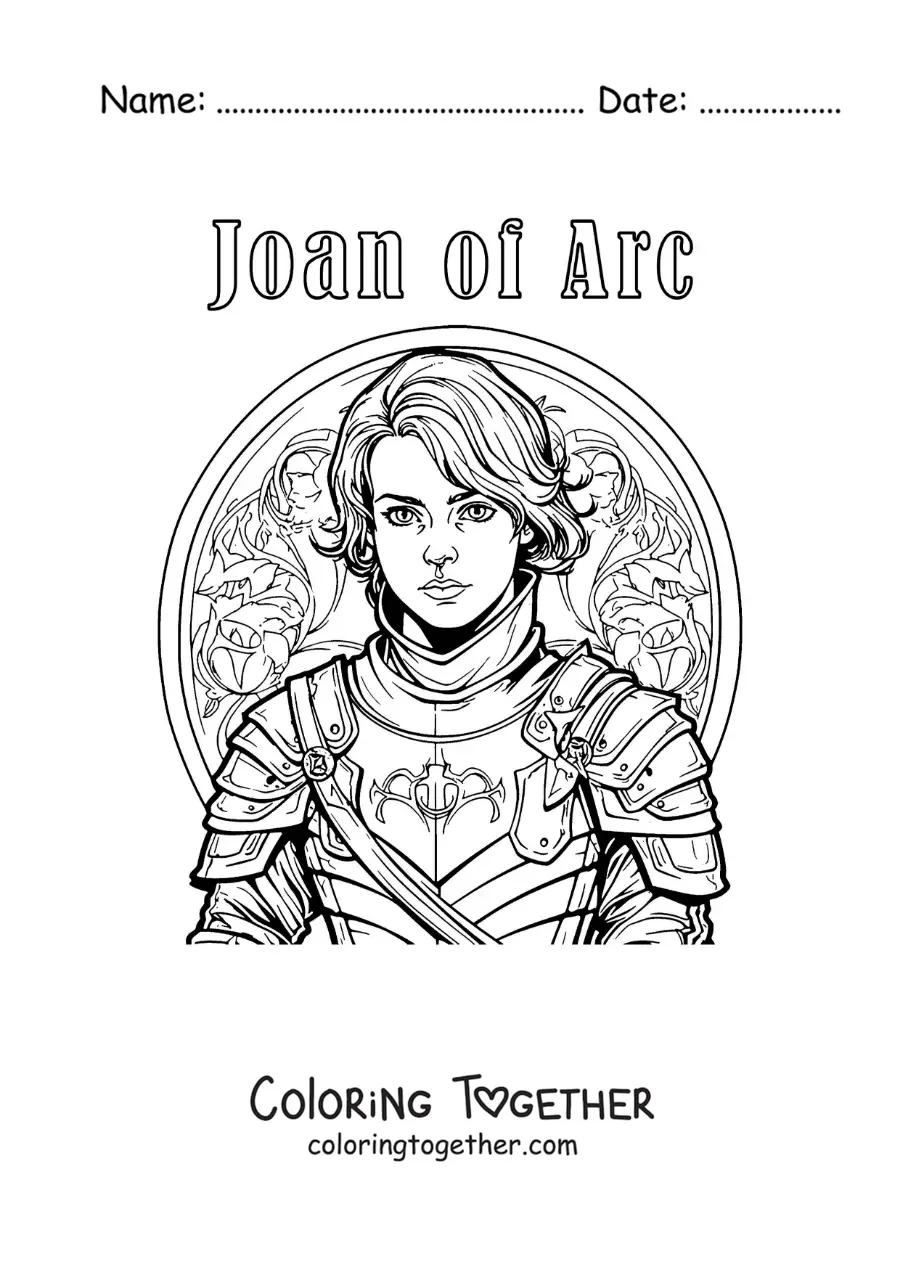 Coloring page of cartoon Joan of Arc with her name