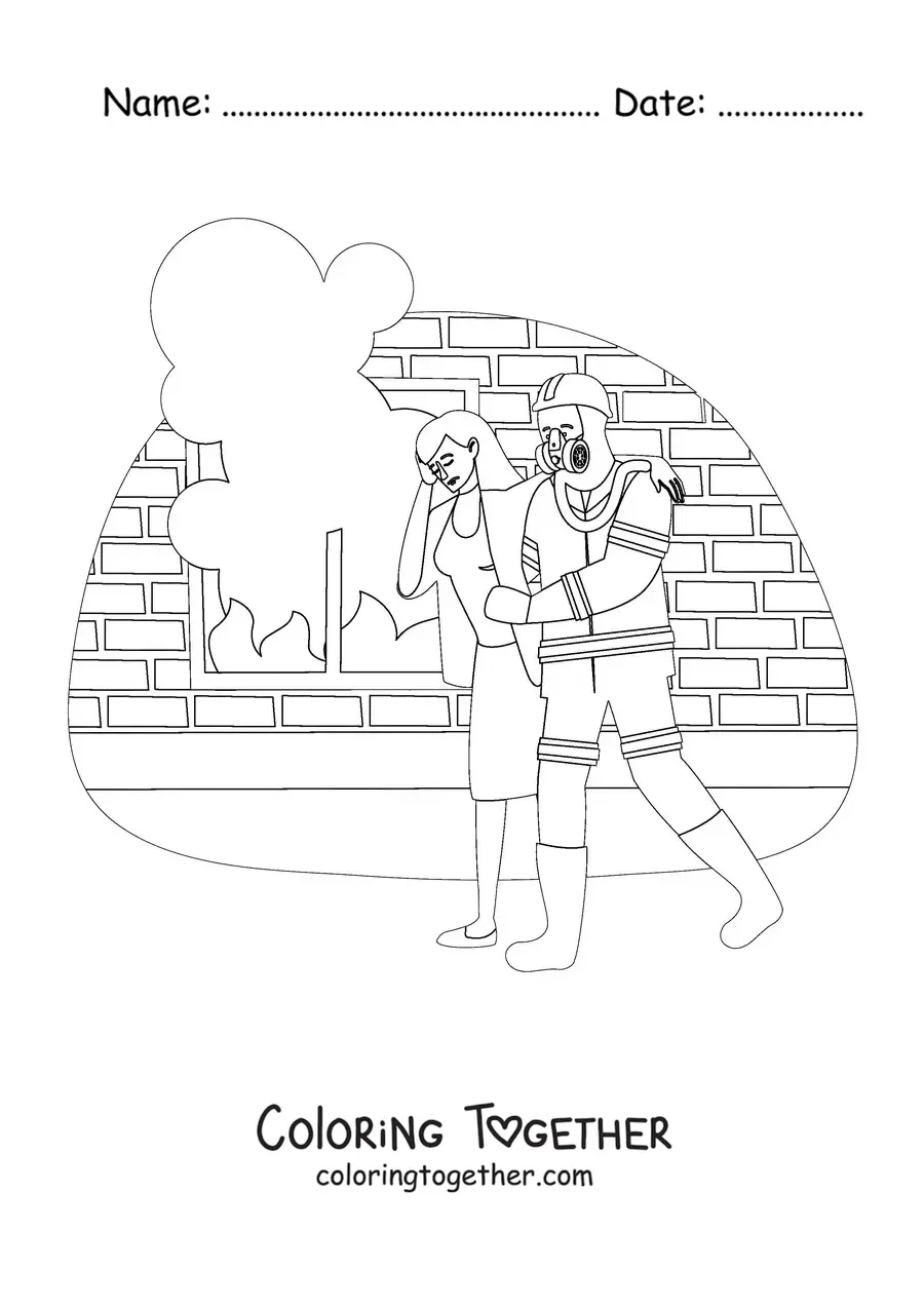 Coloring page of a firefighter rescuing a woman from the flames