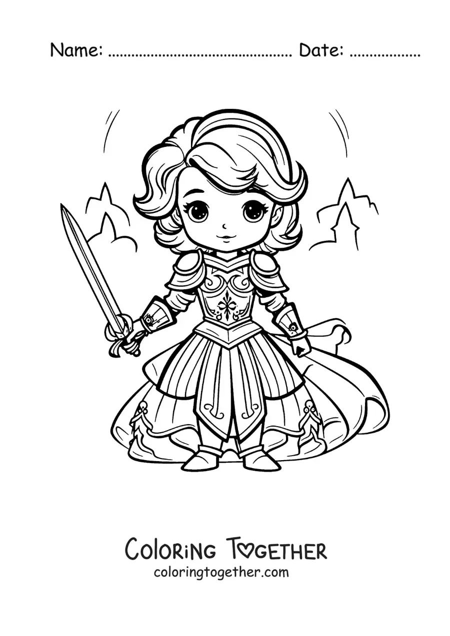 Coloring page of kawaii Saint Joan of Arc
