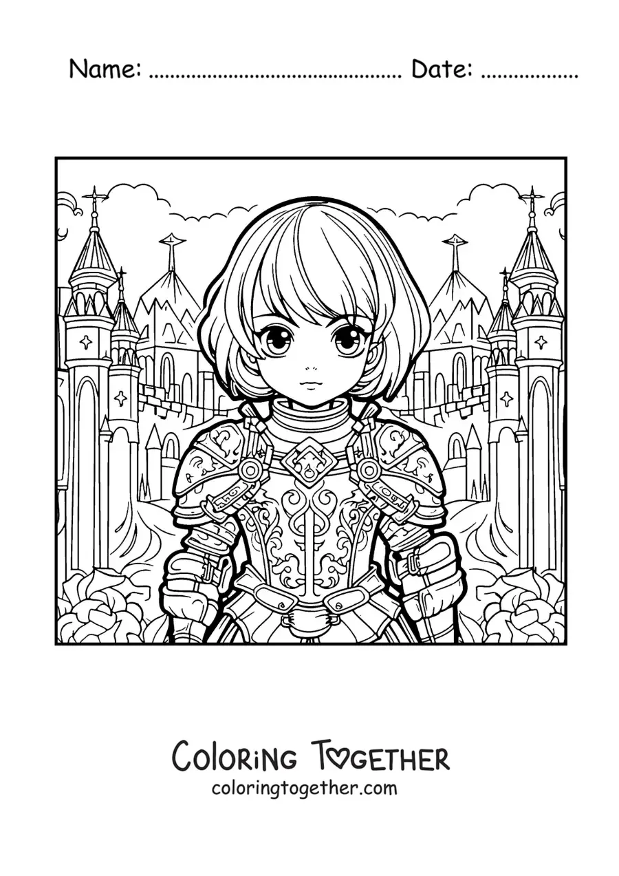 Coloring page of kawaii Saint Joan of Arc in anime style