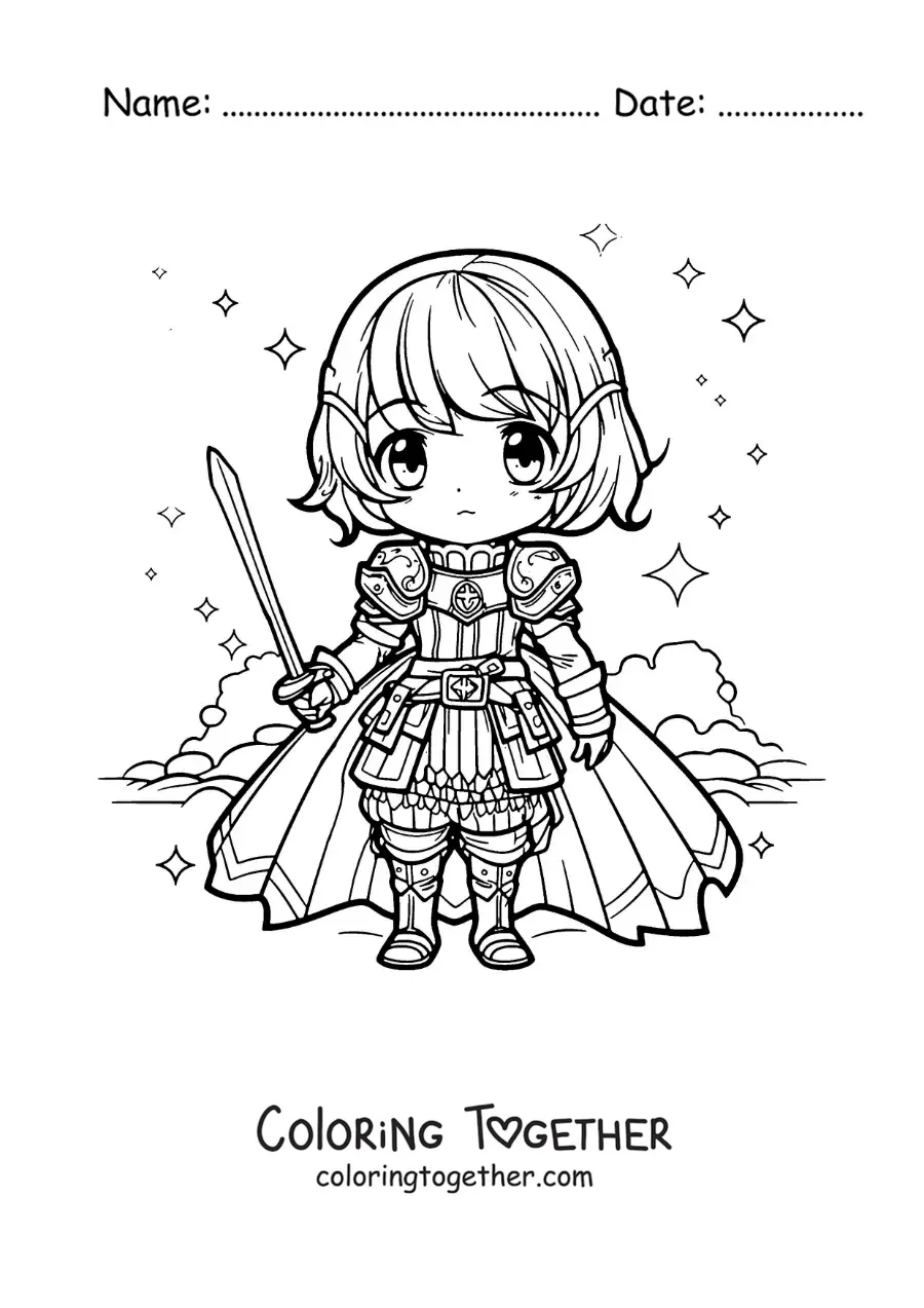 Coloring page of kawaii Saint Joan of Arc in chibi style