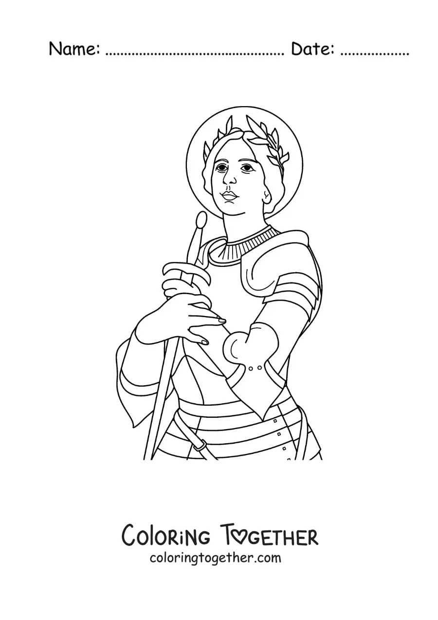Coloring page of Saint Joan of Arc and her sword