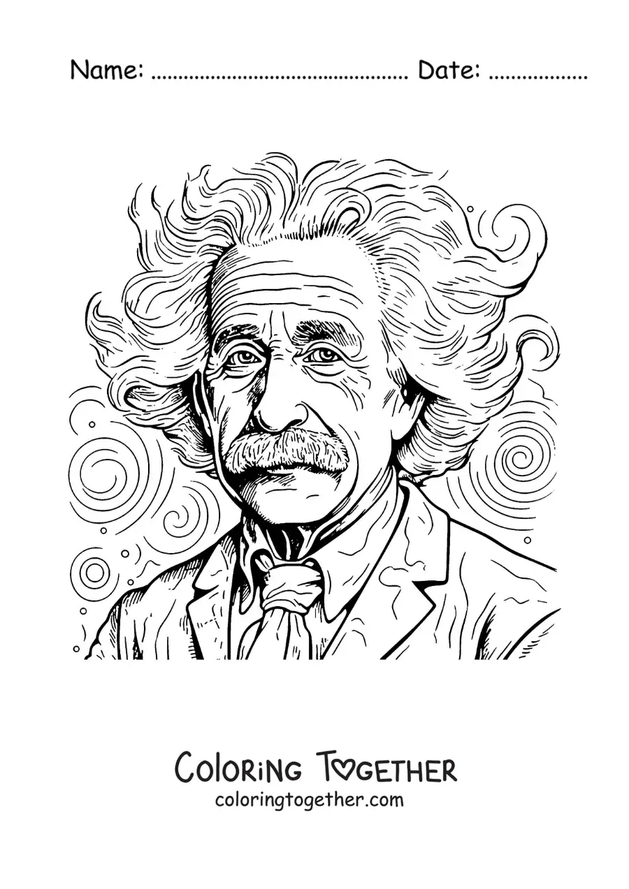 Coloring page of a realistic portrait of Albert Einstein