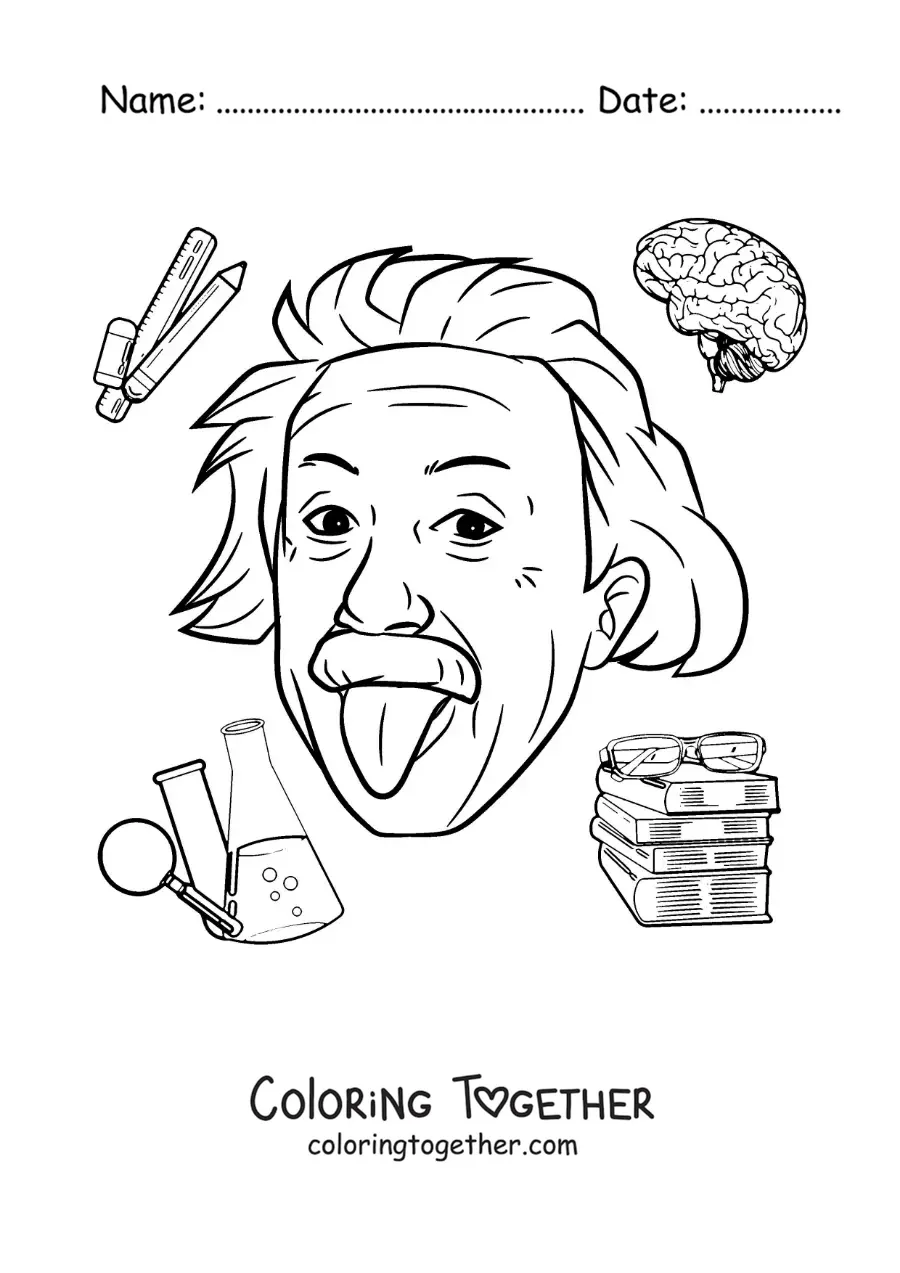 Coloring page of the scientist Albert Einstein in cartoon style sticking out his tongue