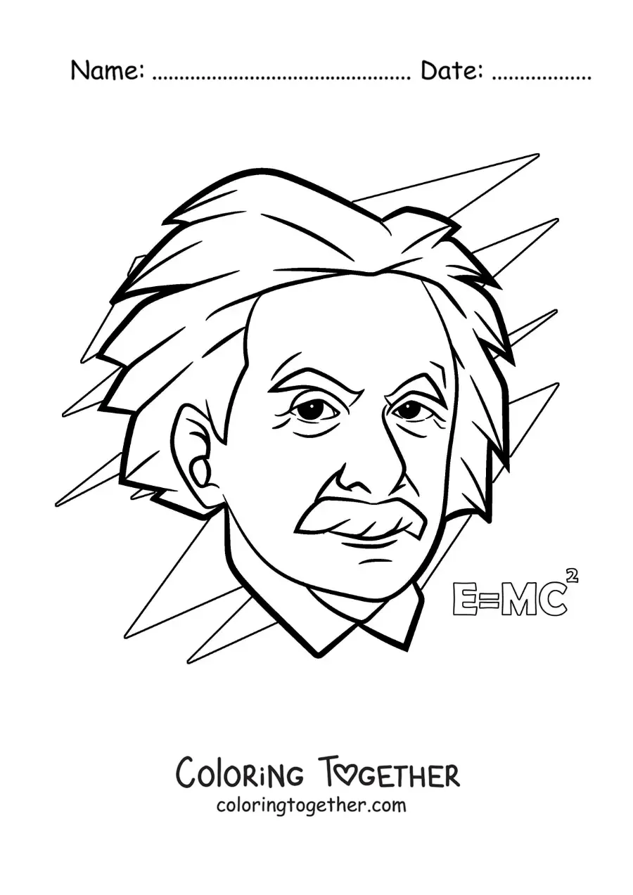 Coloring page of the scientist Albert Einstein in cartoon style with a physics formula
