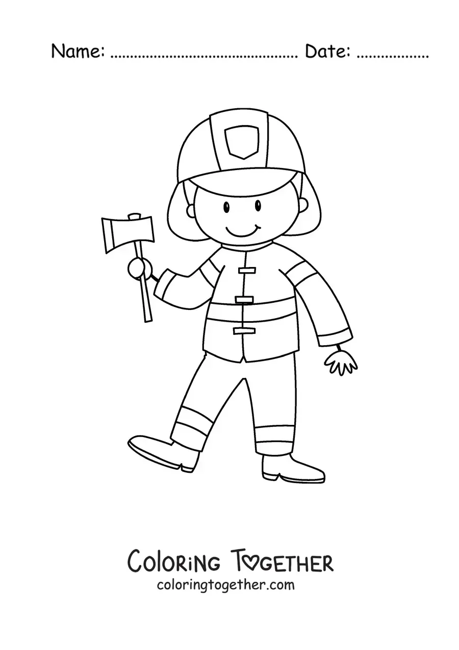 Coloring page of an animated firefighter holding an axe