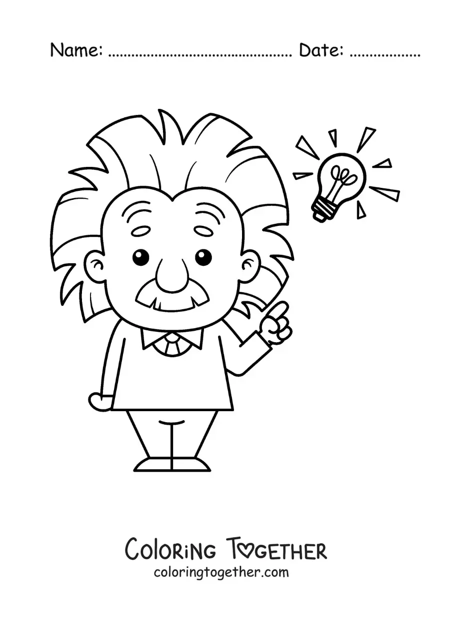 Coloring page of an easy cartoon Albert Einstein with a light bulb