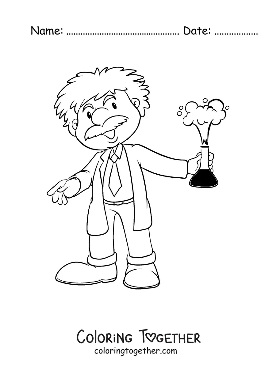 Coloring page of the physicist Albert Einstein in cartoon style wearing a lab coat