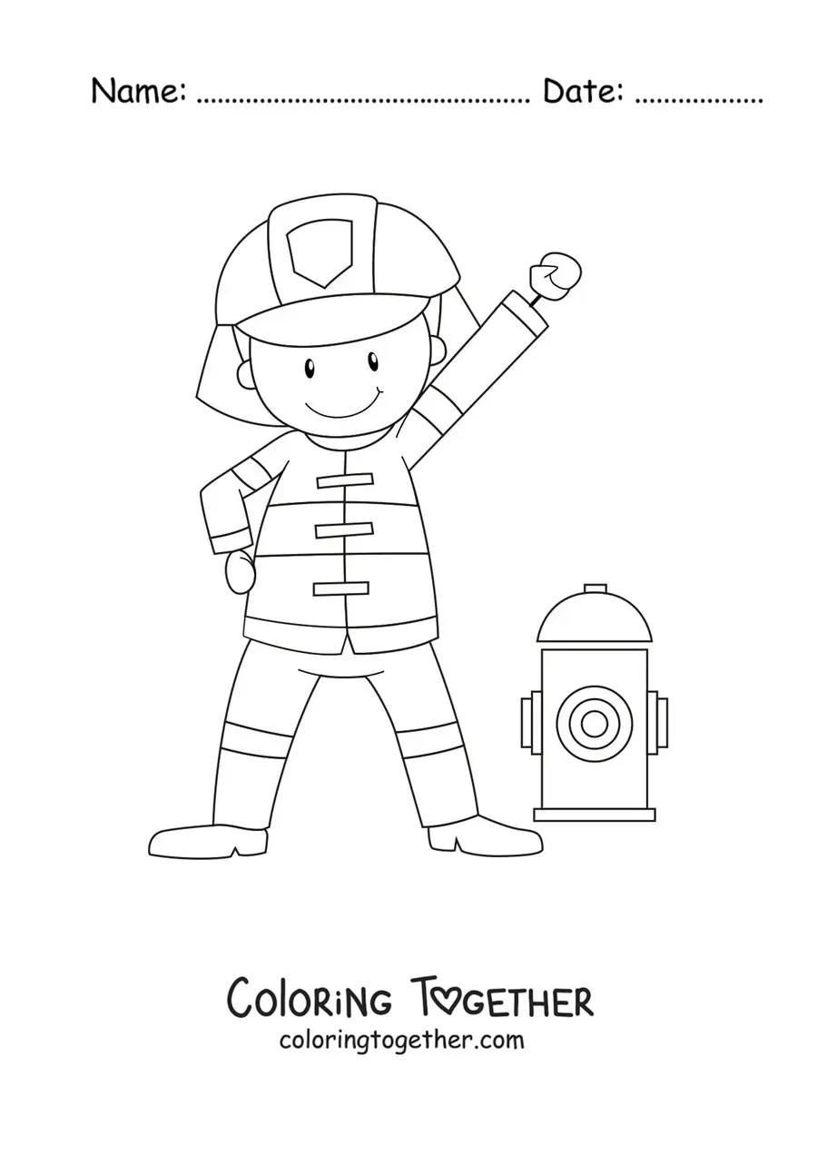 Coloring page of a smiling animated firefighter next to a hydrant