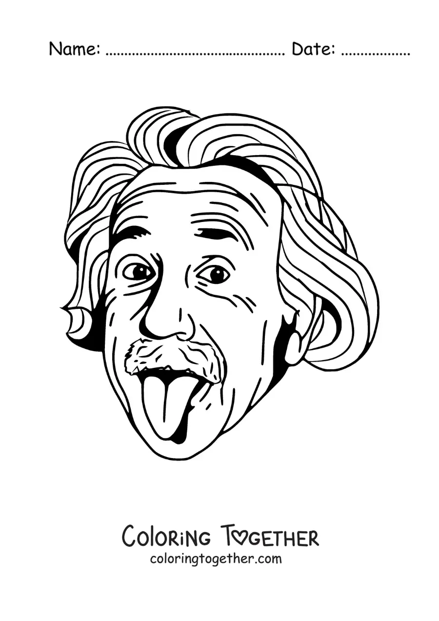 Coloring page of Albert Einstein sticking out his tongue