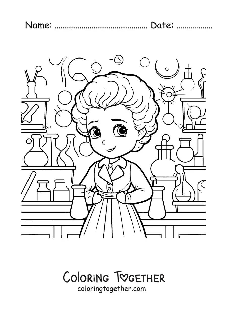 Coloring page of cartoon Marie Curie in her laboratory for kids