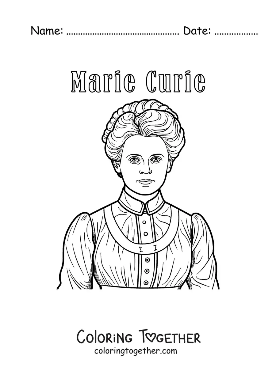 Coloring page of cartoon Marie Curie with her name