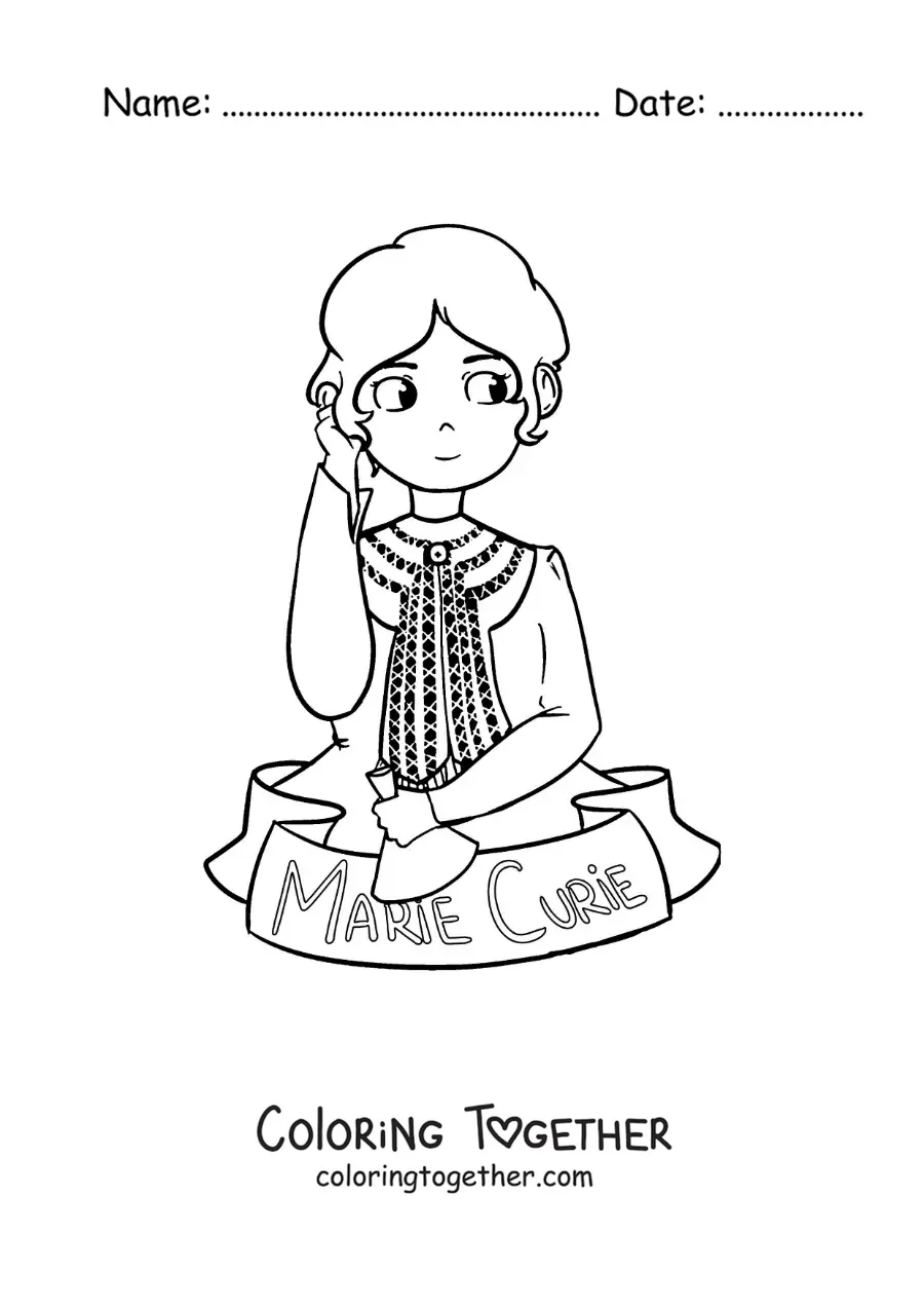 Coloring page of cartoon Marie Curie for kids