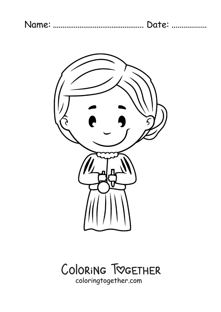 Coloring page of a cartoon of Marie Curie