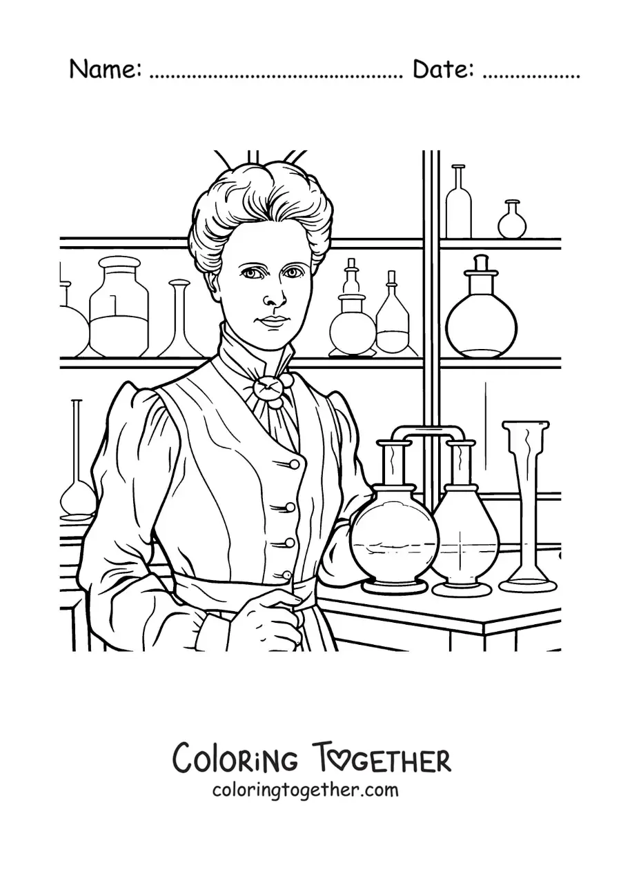 Coloring page of cartoon Marie Curie in her chemistry laboratory