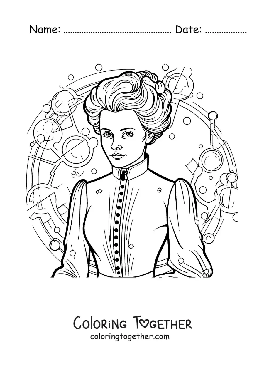 Coloring page of cartoon Marie Curie the scientist