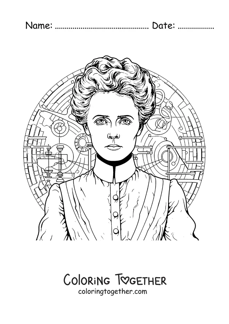 Coloring page of a realistic portrait of Marie Curie